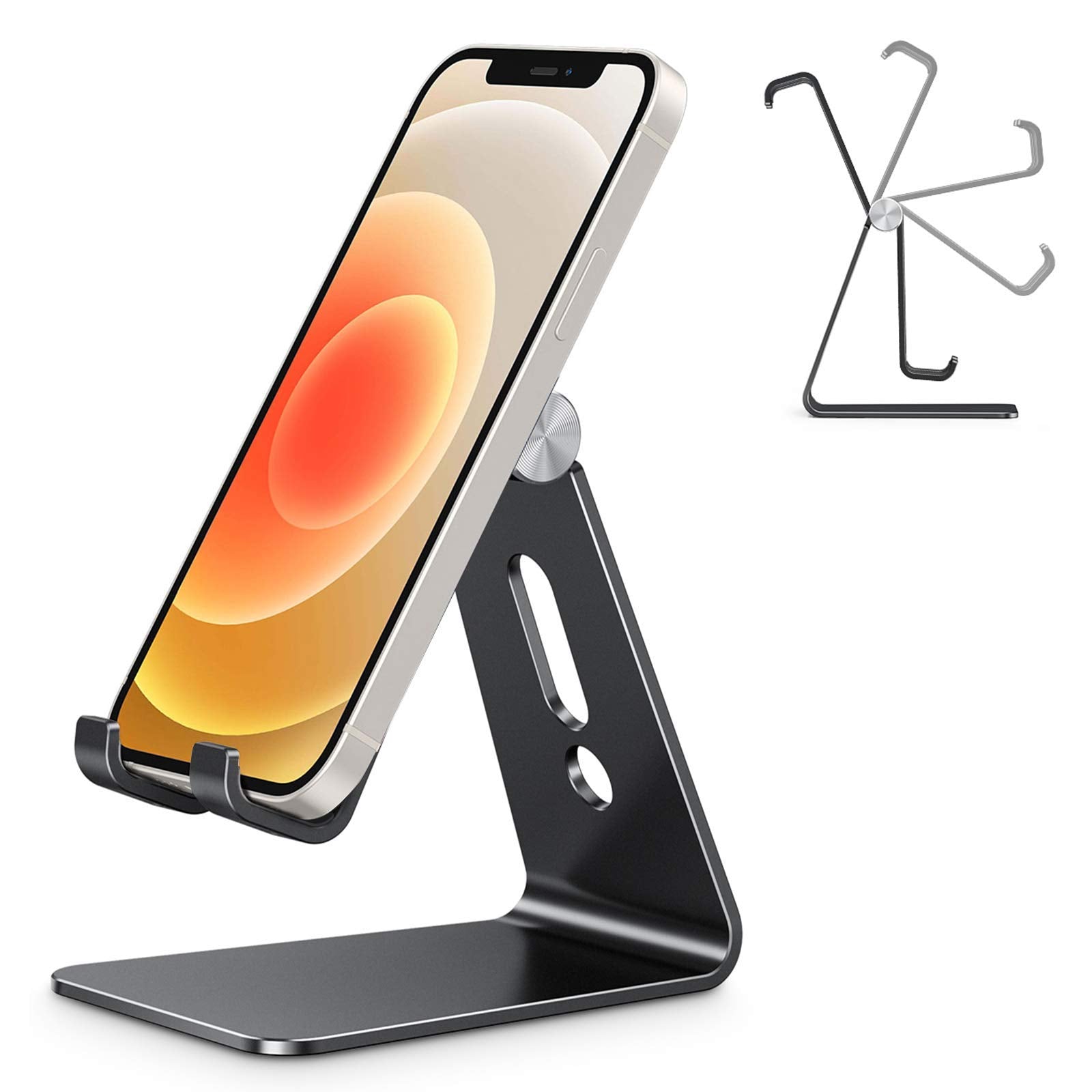 Adjustable Cell Phone Stand, OMOTON Aluminum Desktop Cellphone Stand with Anti-Slip Base and Convenient Charging Port, Fits All Smart Phones, Silver